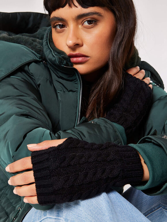 Cable Knit Hand Warmers, Black, large