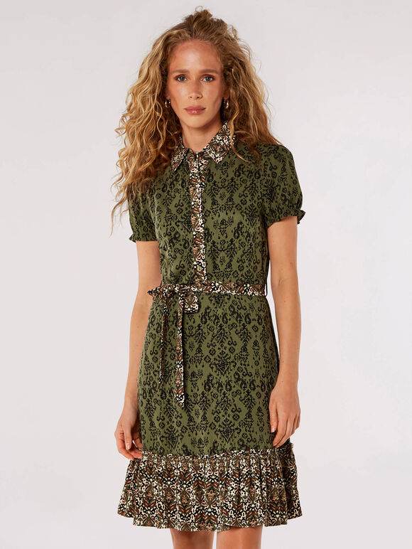 Ikat Tile Shirt Mini Dress, Khaki, large