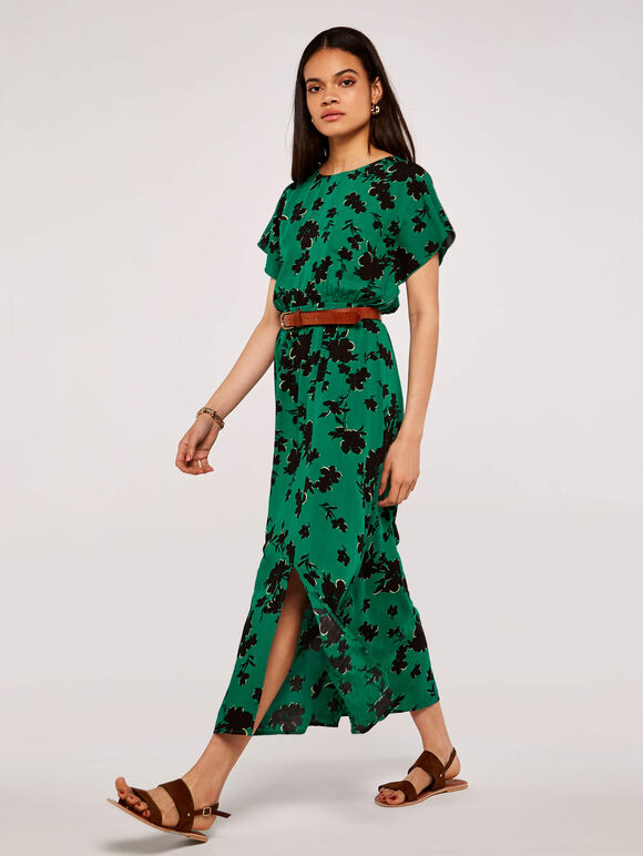 Floral Leaf Smock Dress, Green, large