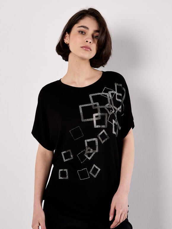 Scattered Squares Rhinestone T-Shirt, Black, large
