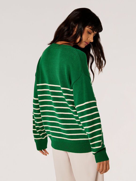 Stripe Knitted Gold Button Jumper, Green, large