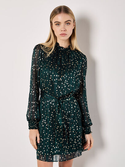 Gold Foil Spot Self-Stripe Mini Dress