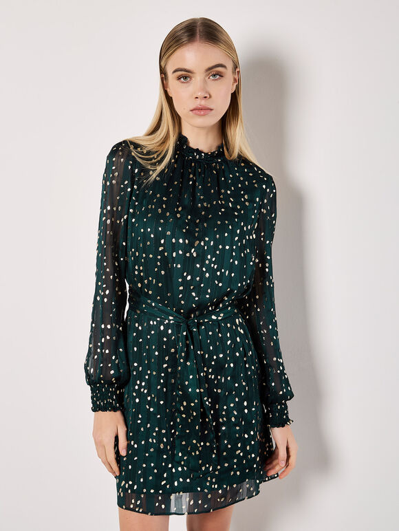 Self Stripe Gold Foil Mini Dress, Green, large