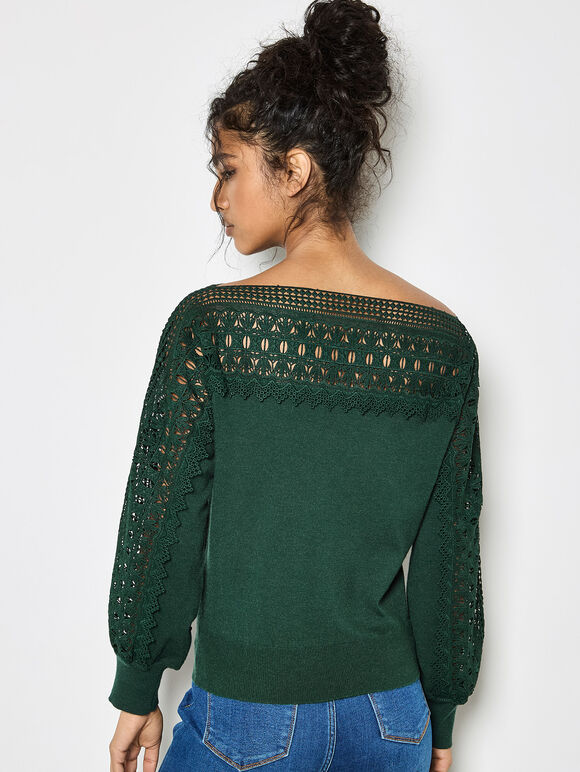 Lace Neck And Sleeve Jumper, Green, large