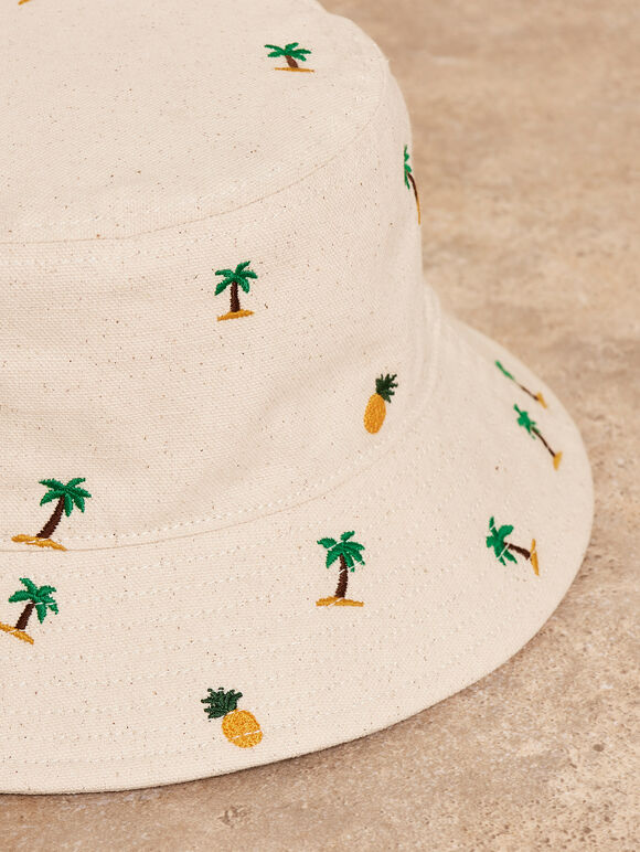 Tropical Palm Embroidered Bucket Hat, White, large