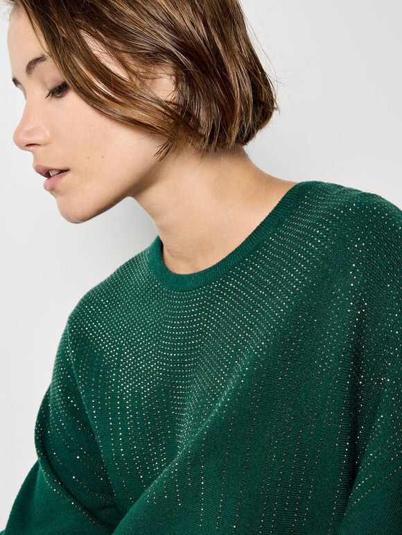 Stud Embellished Batwing Jumper, Green, large