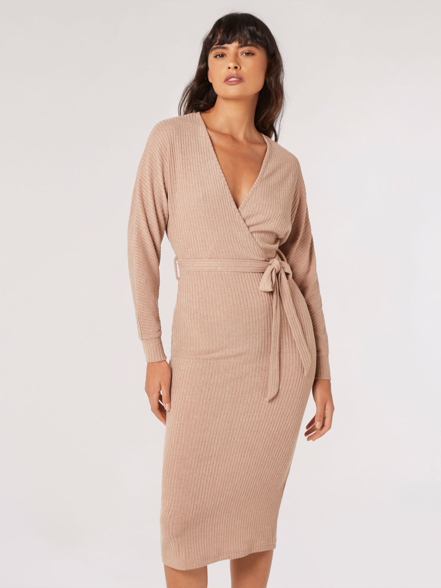 Rib Knit Wrap Midi Dress Apricot Clothing