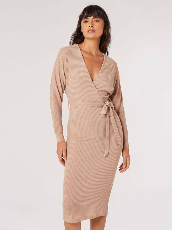 Rib Knit Wrap Midi Dress, Stone, large