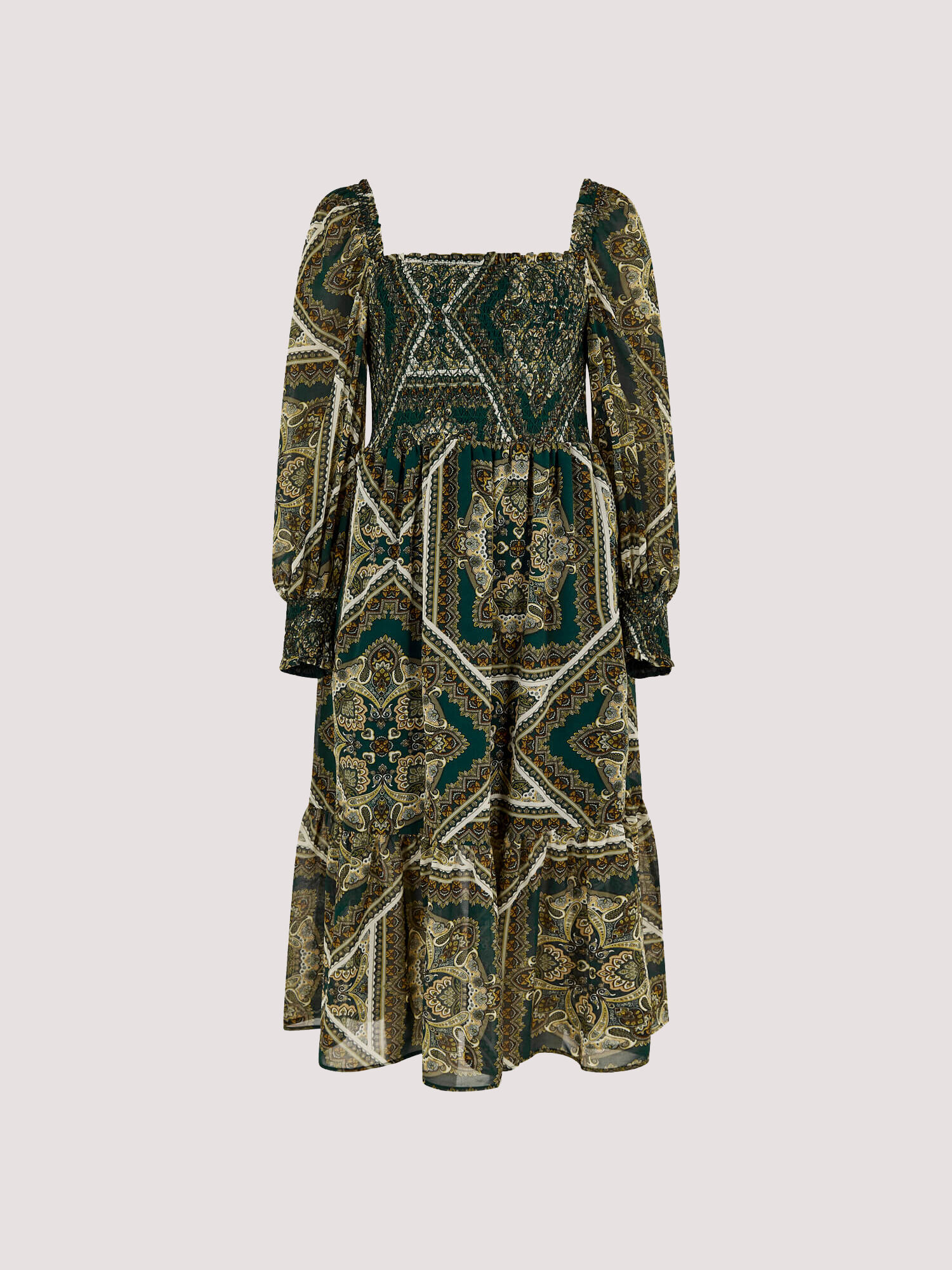 Scarf Print Milkmaid Midi Dress Apricot Clothing