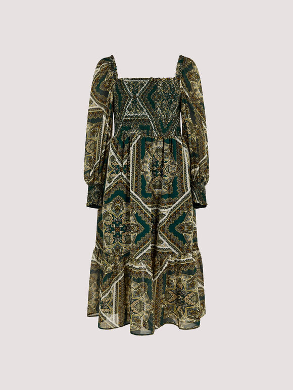 Scarf Print Milkmaid Midi Dress, Green, large