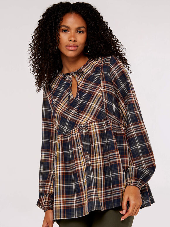 Check Peplum Hem Blouse, Rust, large