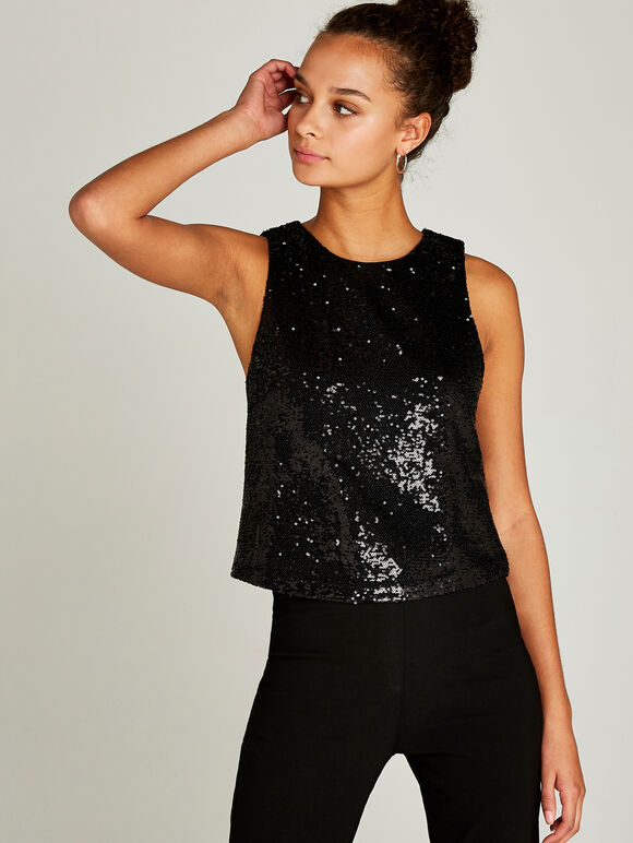 Sequin Crop Top, Black, large