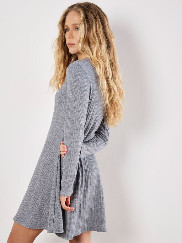 Waffle Knit Swing Mini Dress, Grey, large