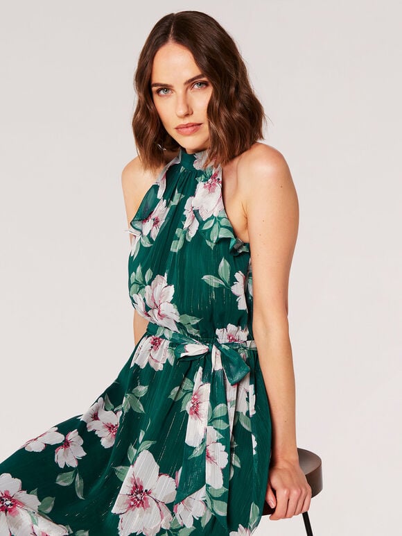 Painterly Floral Shimmer Midi Dress, Green, large