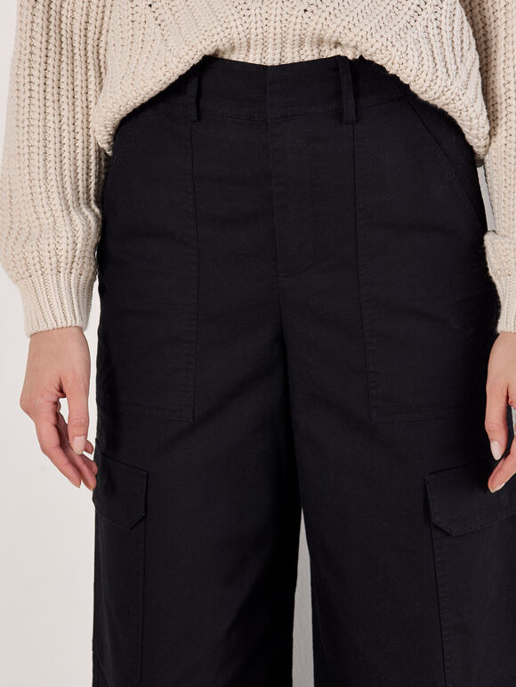 Wide Leg Cotton Cargo Trousers, Black, large