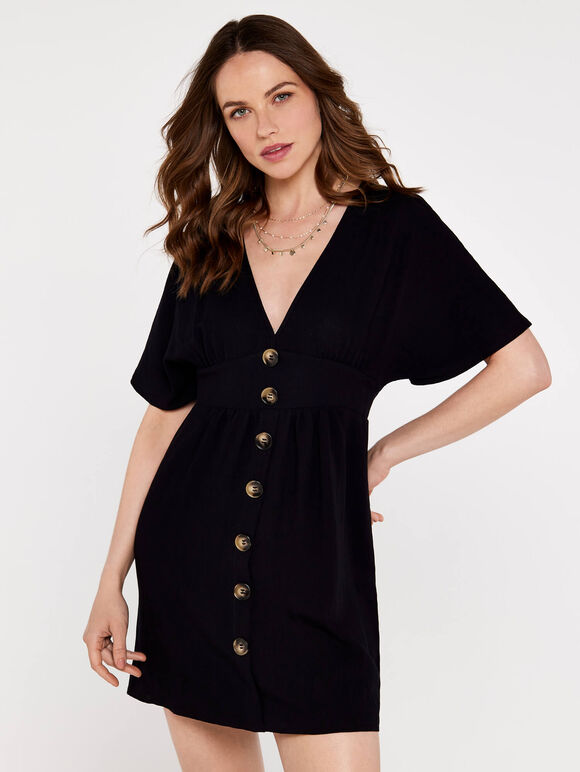 V-Neck Button Front Dress, Black, large