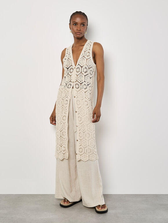 Crochet Longline Sleeveless Cardigan, Stone, large