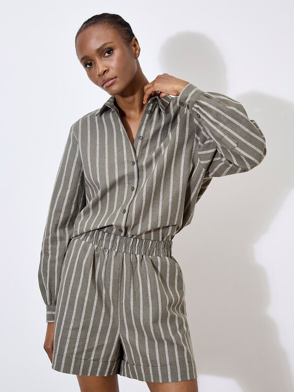 Striped Linen Shirt, Khaki, large