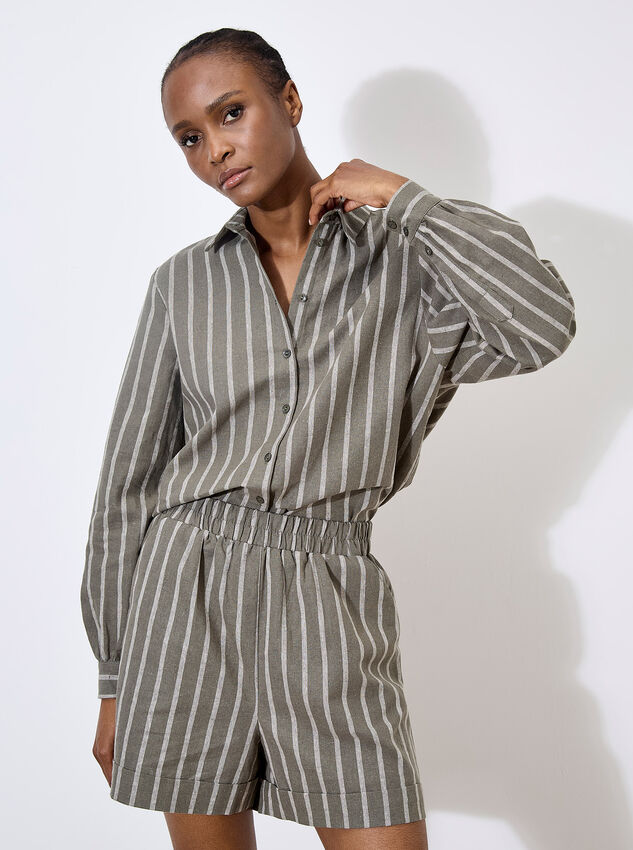 Striped Linen Shirt, Khaki, large