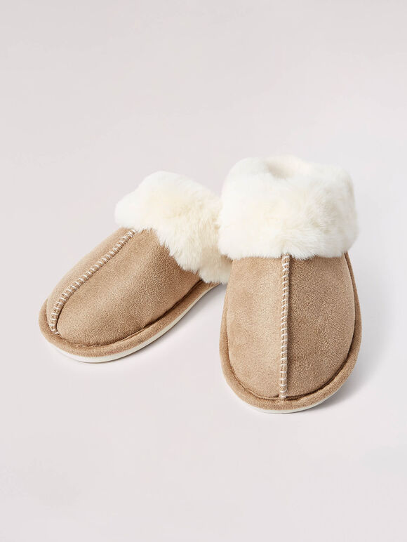 Furry Slip On Slipper, Stone, large
