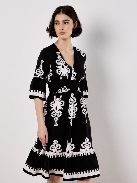 Floral Baroque Smocked Mini Dress, Black, large