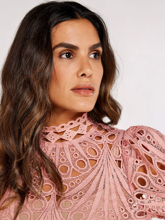 Shell Lace Scallop Top, Pink, large