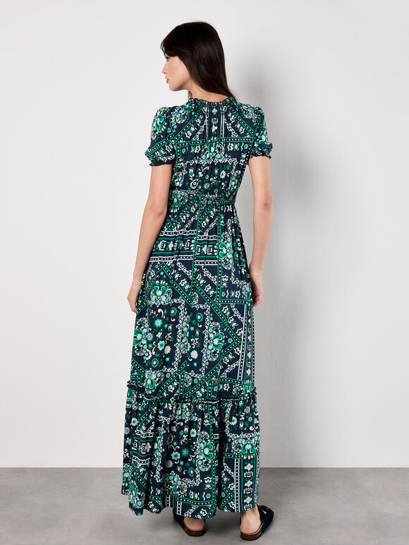 Scarf Print Smocked Maxi Dress, Navy, large