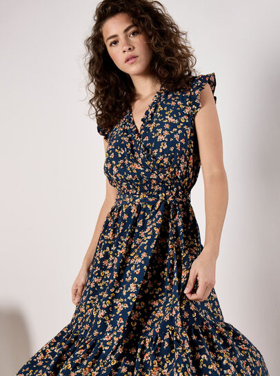 Floral Frill Wrap Midi Dress