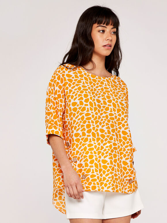 Giraffe Print Button Detail Top, Mustard, large