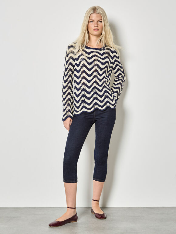 Stripe Waves Pointelle Knit Jumper, Navy, large