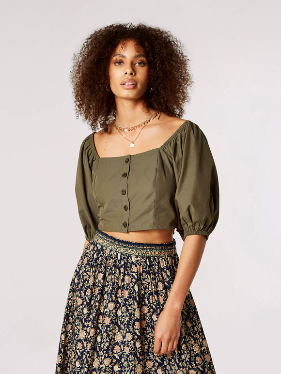 Smock Detail Cropped Top, Khaki, large