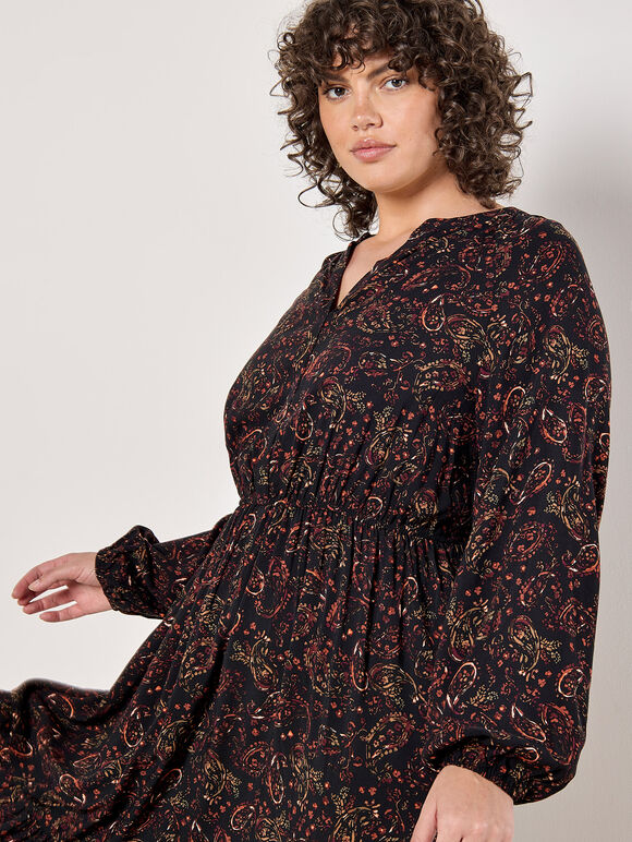 Curve Painterly Paisley Midi Dress, Black, large