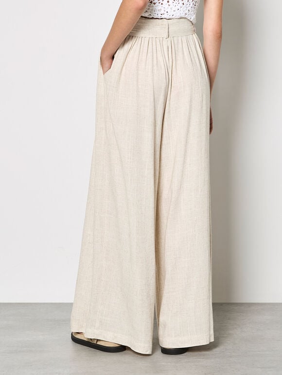 Wide-Leg Linen Blend Trousers, Stone, large