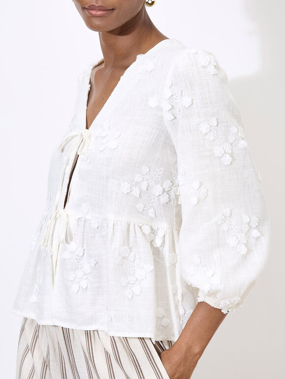 Floral Applique Tie Front Top, White, large