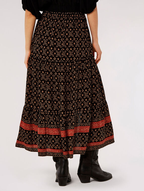 Batik Floral Border Midi Skirt , Black, large