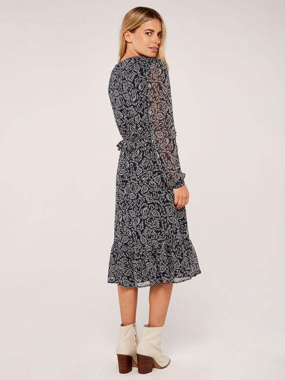 Folk Leaf Ruffle Waist Midi Dress, Navy, large