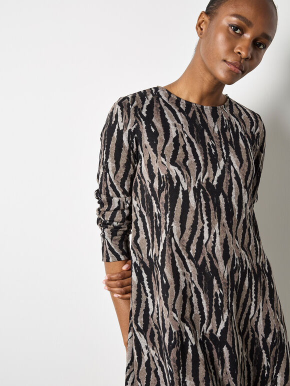Zebra Knit Swing Mini Dress, Stone, large