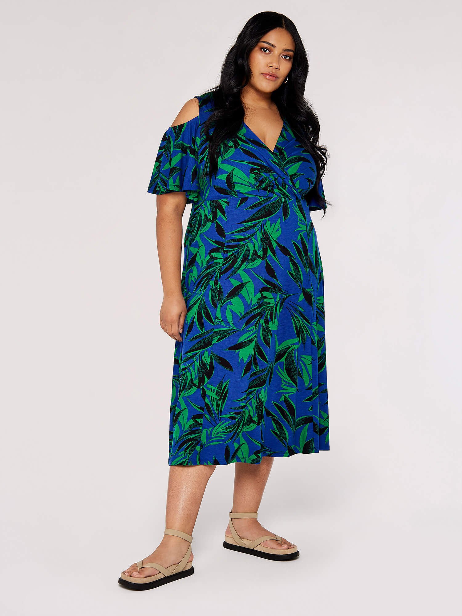Curve Tropical Palm Midi Dress Apricot Clothing