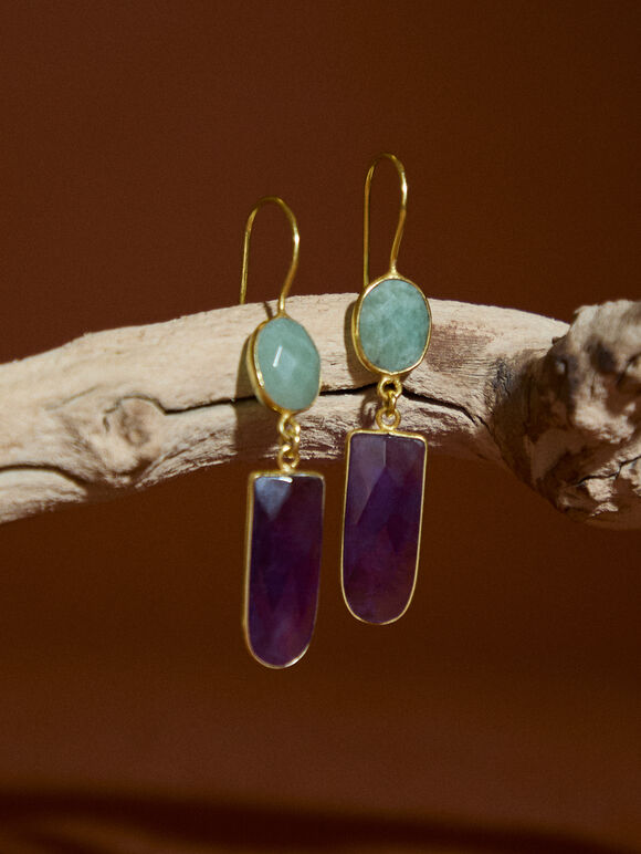 Gold Tone Semi-Precious Stone Drop Earrings, Purple, large