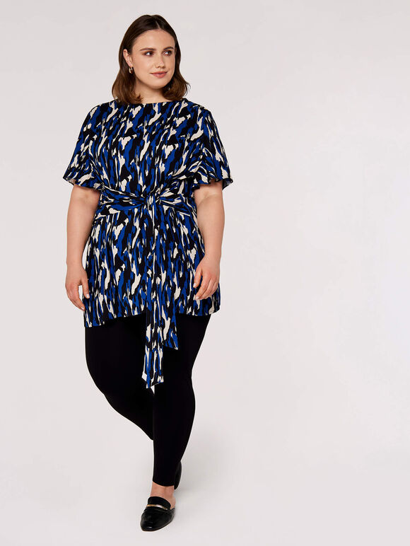 Curve Brushstroke Tie Waist Top, Blue, large