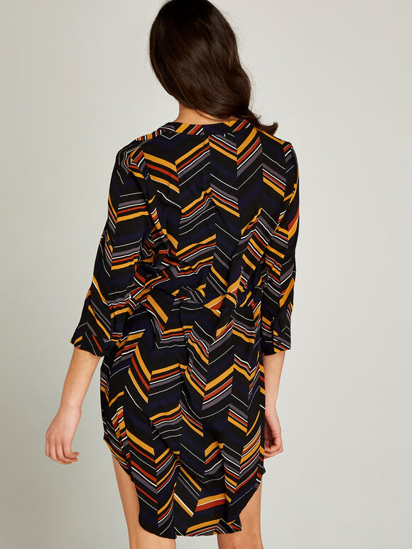 Black Spliced Stripe Ripple Shirt Dress, Black, large