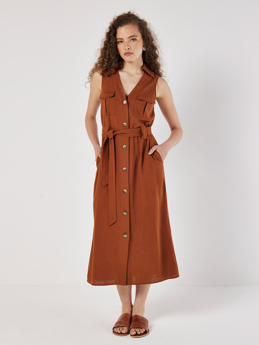 Linen Blend Utility Midi Dress