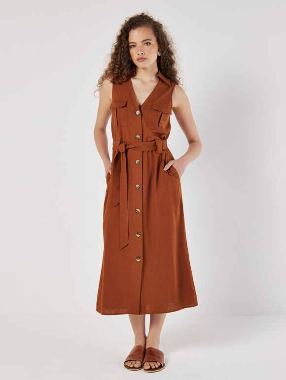 Linen Blend Utility Midi Dress, Rust, large