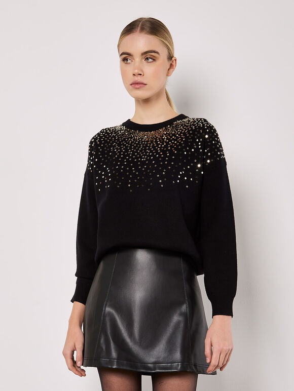 Sequin Embellished Jumper, Black, large
