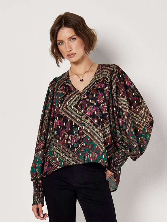 Gold Foil Floral Blouse, Black, large