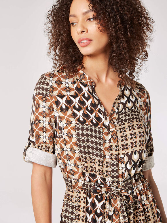 Patchwork Shirt Mini Dress, Brown, large