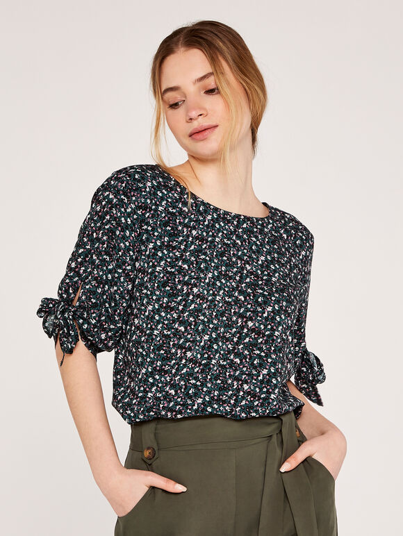 Ditsy Floral Tie Sleeve Top, Green, large