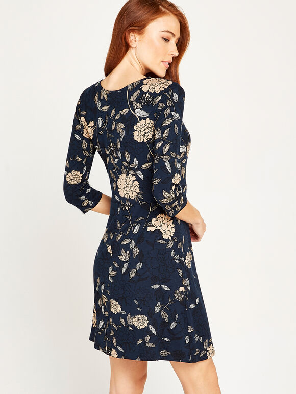 Etched Floral Print Jersey Dress, Navy, large