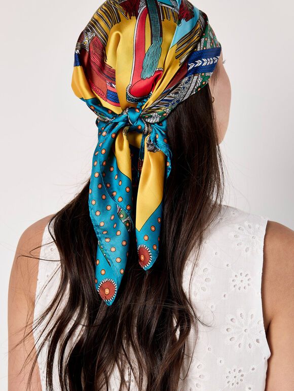 Satin Printed Scarf, Yellow, large