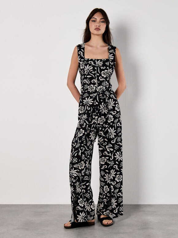 Tropical Print Corset Top, Black, large
